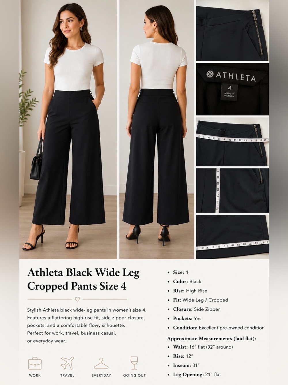 Athleta Black Wide Leg Cropped Pants Size 4 Womenโs Career Casual